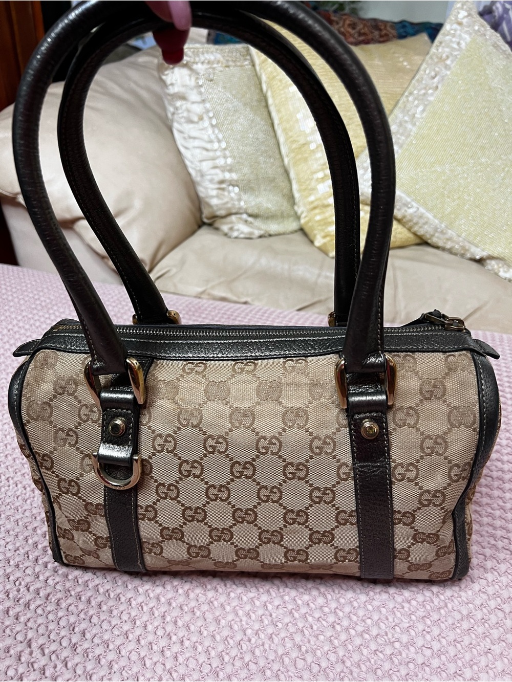 Authentic Gucci GG Abbey Boston Bag Canvas & Leather D-Ring Satchel